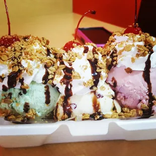 Banana split with strawberry milk, rose petal and mint chocolate chip ice creams