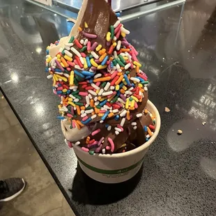 Vegan soft serve with rainbow sprinkles