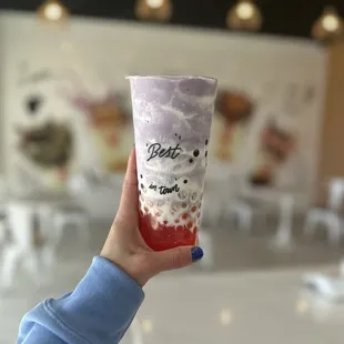 Taro with peach and strawberry boba