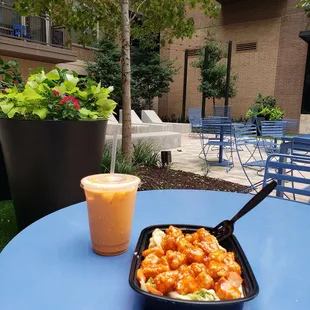 Sweet &amp; Spicy Dangki box with Thai tea! Nice outdoor seating too!