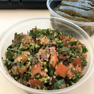 Tabouli and stuffed grape leaves (dolmas).