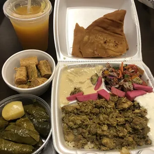 Chicken platter, grape leaves, baklava, mango juice
