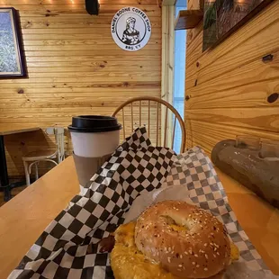 Bacon, Egg, Cheese sandwich on an everything bagel