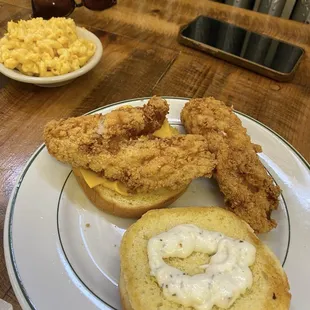 Haddock fish sandwich with side of Mac