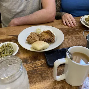 2 piece chicken dinner on Sundays with green beans and mashed tatters