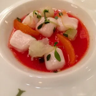 Nantucket bay scallop ceviche. Blood orange, pickled Buddha hand lemon, chayote, basil oil.