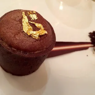 Warm guanaja chocolate coulant. Liquid caramel, fleur de sel, milk sorbet.