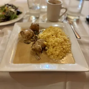 Involtini di Pollo ai Funghi Porcini (chicken breast w/Brie &amp; mushrooms in cream sauce, w/risotto alla Milanese &amp; Insalate Verde