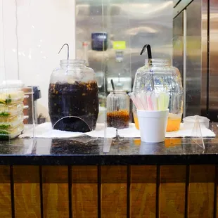 a variety of food items on a counter