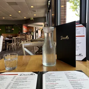 a menu and a glass of water