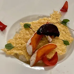 Quite a bit going on here, but the main parts are a crispy Romano cheese over acquerello congee... which is a Chinese rice porridge.