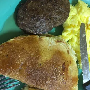 Pancakes, Country Sausage, And Scrambled eggs