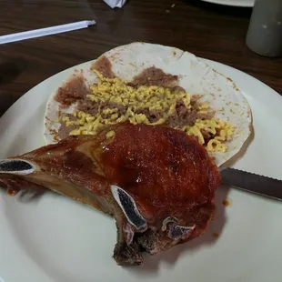 Bean and cheese with pork chop