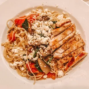 Angel hair pasta with chicken.