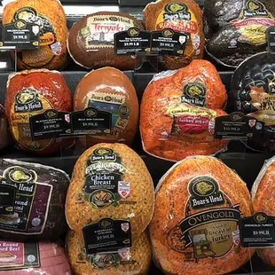 a display of hams and sausages