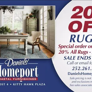 20% Off Rugs! Special order or in stock, all rugs 20% off. Offer ends  April 30, 2017.