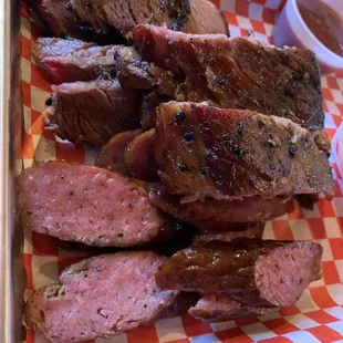 Brisket, sausage &amp; ribs from 3 meat plate.