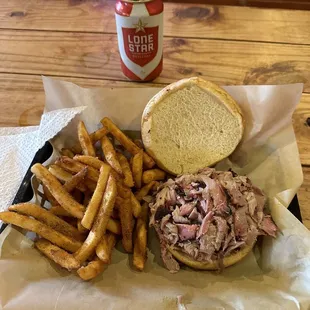 Pork butt sandwich with fries and cold Lonestar!!!