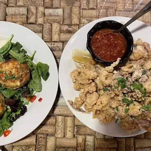 Crab Cakes, calamari