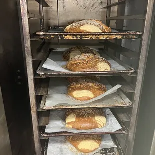  a rack of freshly baked bread