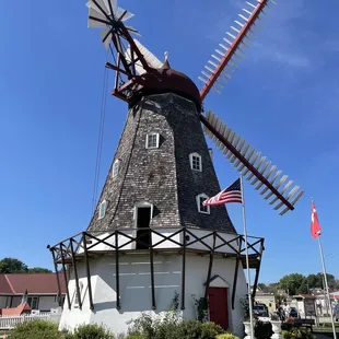The back of windmill that you can take tours of.