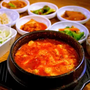 Soft Tofu Soup: choice of combo / seafood / kimchi / beef / pork / fish roe / vegetables ($15.50).