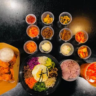 Friend chicken, Bibimbap, Banchan, Tofu Soup with Kimchi