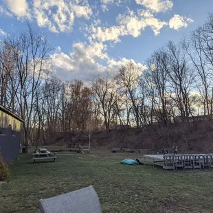 a view of the back yard of a home