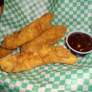 Chicken Tenders with barbecue dip.