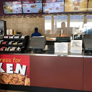 the counter area of a fast food restaurant