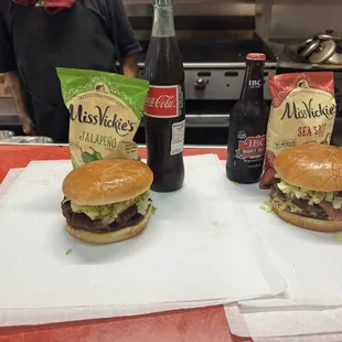 Double cheeseburgers, one w/bacon