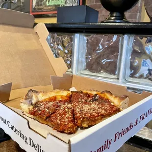 Last 2 pieces of the fine Chicago pie. Great sausage in there. Get the small it's enough!!