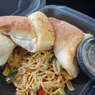 Cajun veggie pepper Alfredo angle hair. Yummy