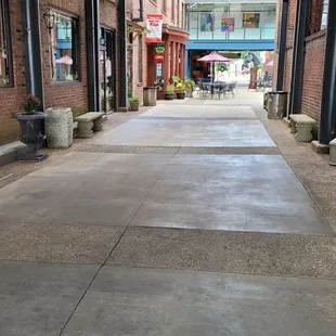 an empty sidewalk in a city