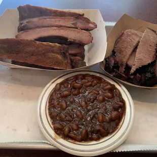 Ribs, brisket, baked beans.