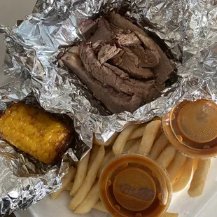 Beef Brisket, fried corn (yucko), fries