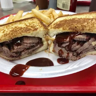 Beef brisket sandwich with a side of French fries.