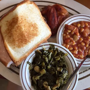 Half chicken platter with Brunswick stew and collards