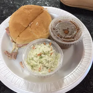 Pork roast sandwich (pulled pork) with two sides ($9)