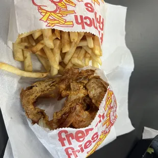 Amazing onion rings, plus some fries