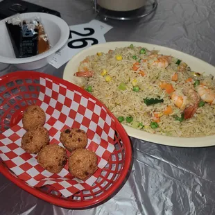 Shrimp fried rice and hush puppies