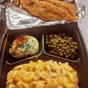 Fried fish and mac and cheese