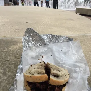 Regular sized pastrami sandwich, enjoyed outside at the Scioto Mile