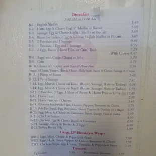 Breakfast menu