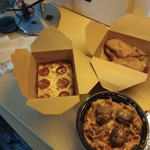 Pepperoni pizza Italian sub Pappardelle pasta with half marinara &amp; half alfredo with meatballs