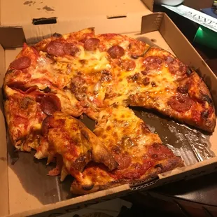 Uhm I got a large pepperoni and bacon pizza couldn&apos;t even eat a slice not even cut but hey I tried .