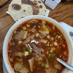 Menudo with homemade four tortilla.