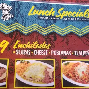 a menu for lunch specials