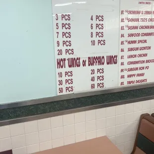 a menu on the wall