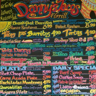Danny&apos;s tacos menu